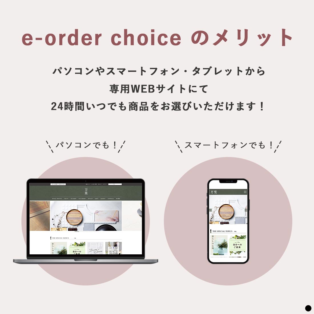 e-order choiceのメリット　パソコンやスマートフォンから専用Webサイトにて24時間いつでも商品をお選びいただけます！
