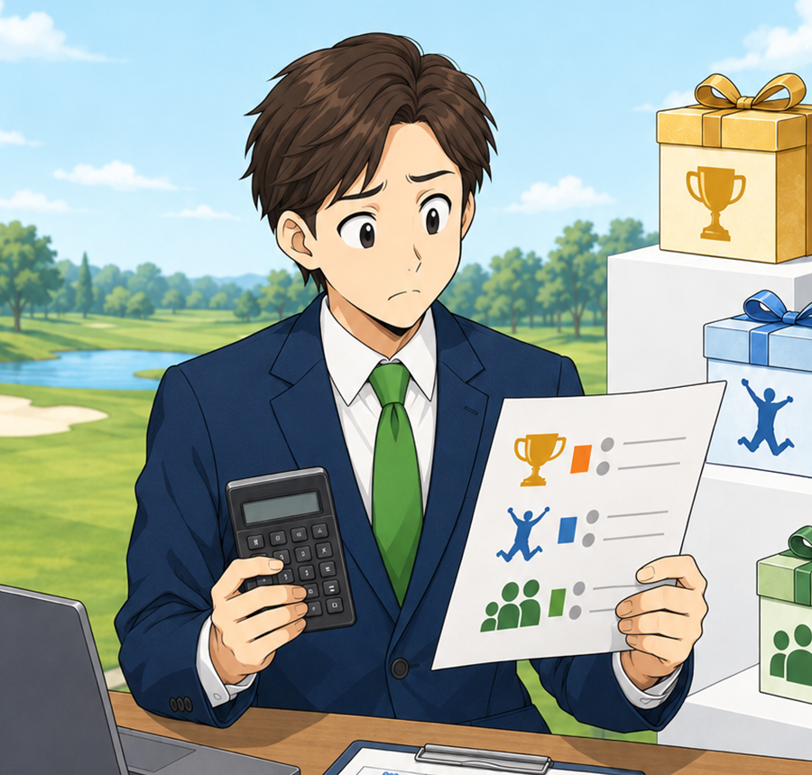 ゴルフ場で景品リストと電卓を持ち、予算配分を検討する担当者のイラスト