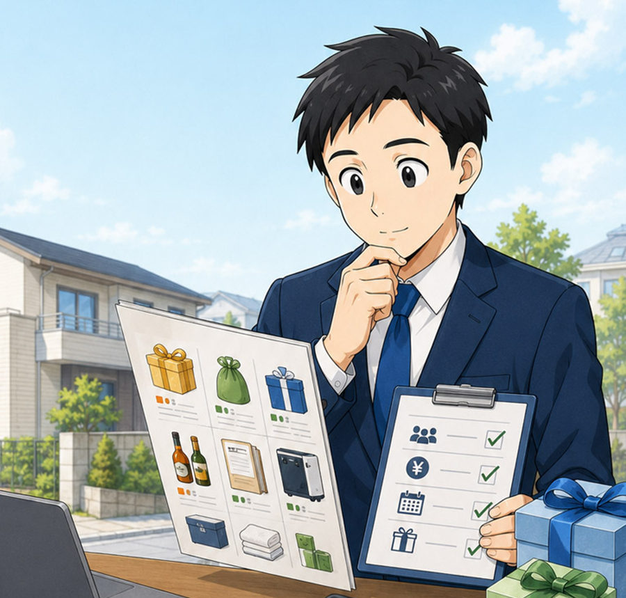 新築住宅を背景にギフト候補と確認表を見ながら成約記念品を検討する営業担当者のイラスト