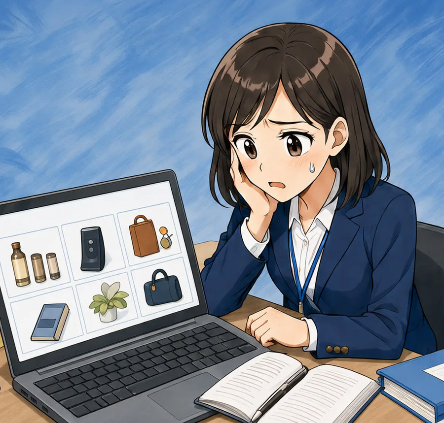 展示会の景品選びに悩む女性担当者のイラスト