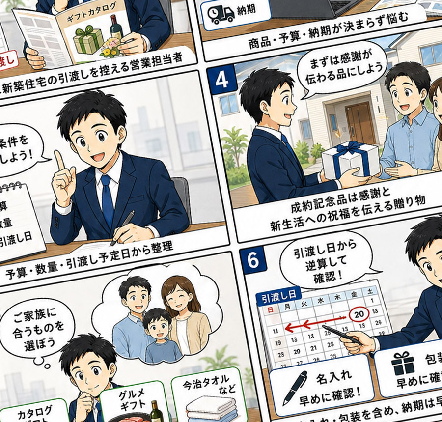 戸建住宅の成約記念品を検討する営業担当者のイラスト