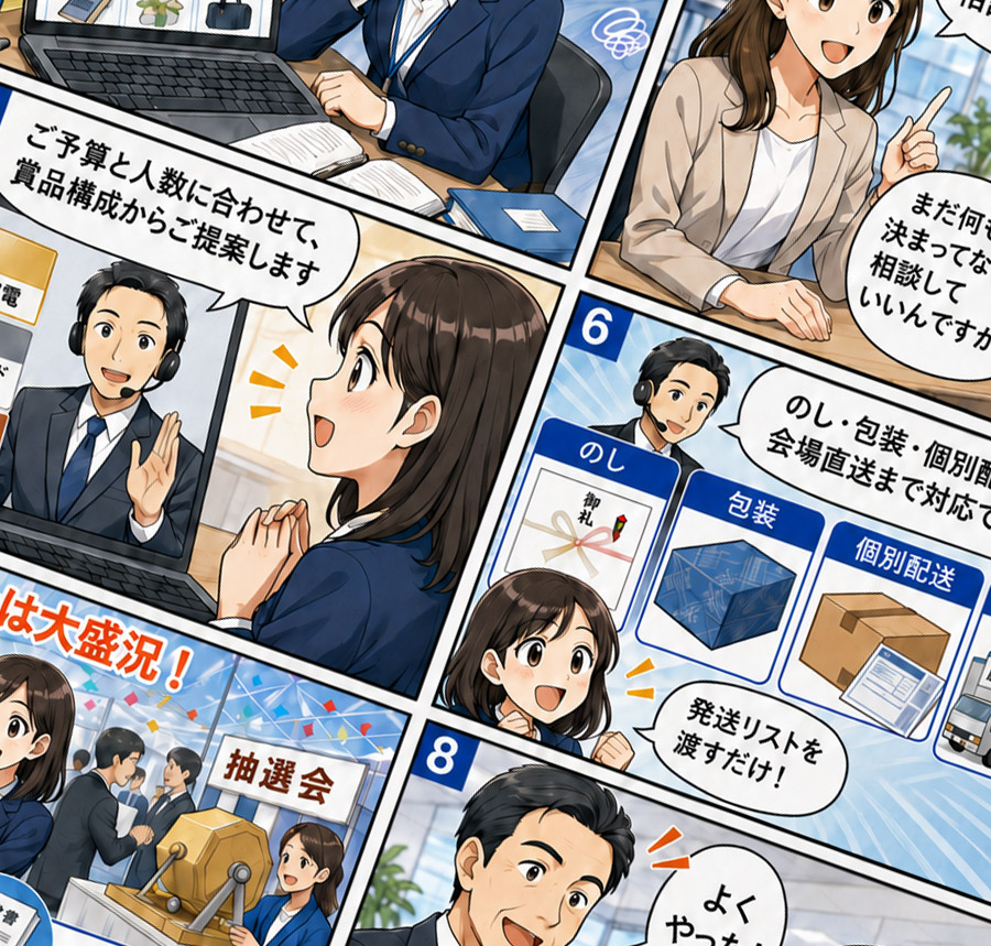 展示会の景品選びに悩む法人担当者のイラスト