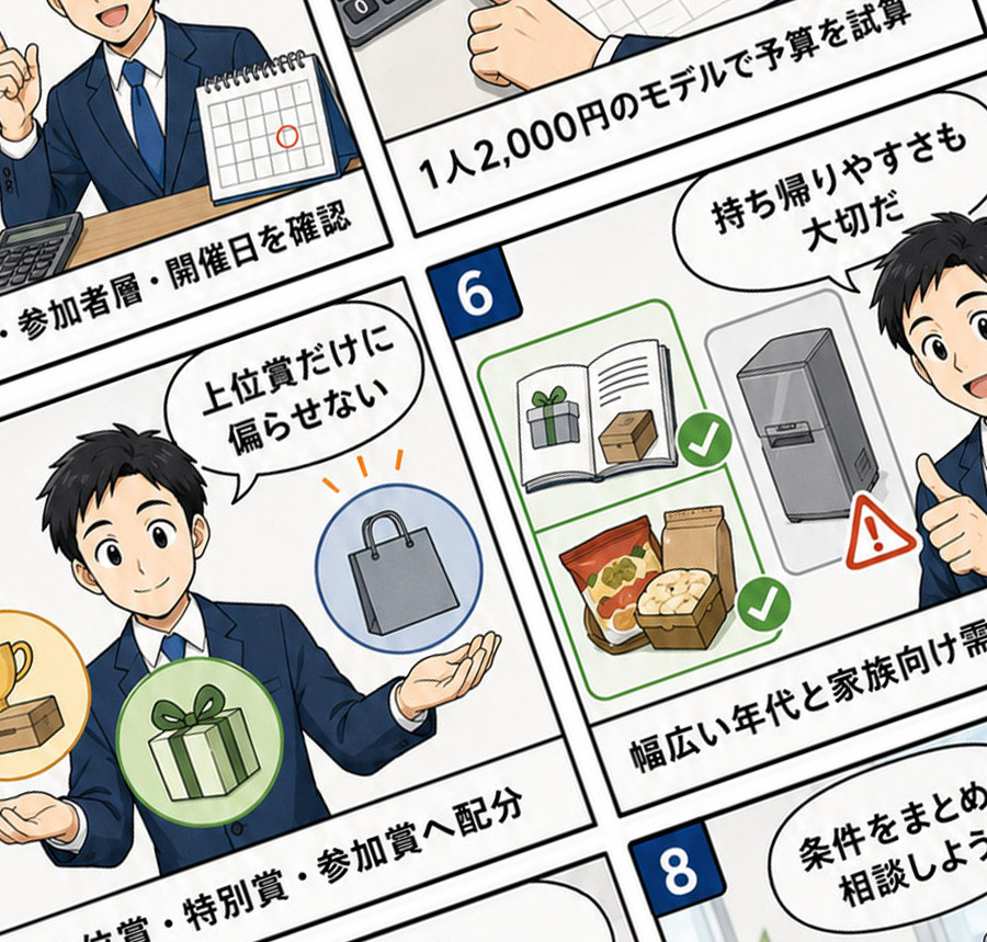 ゴルフコンペの景品予算と賞別配分を検討する法人担当者のイラスト